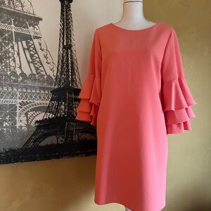 Nicole Miller Coral Long Sleeve Ruffle Dress